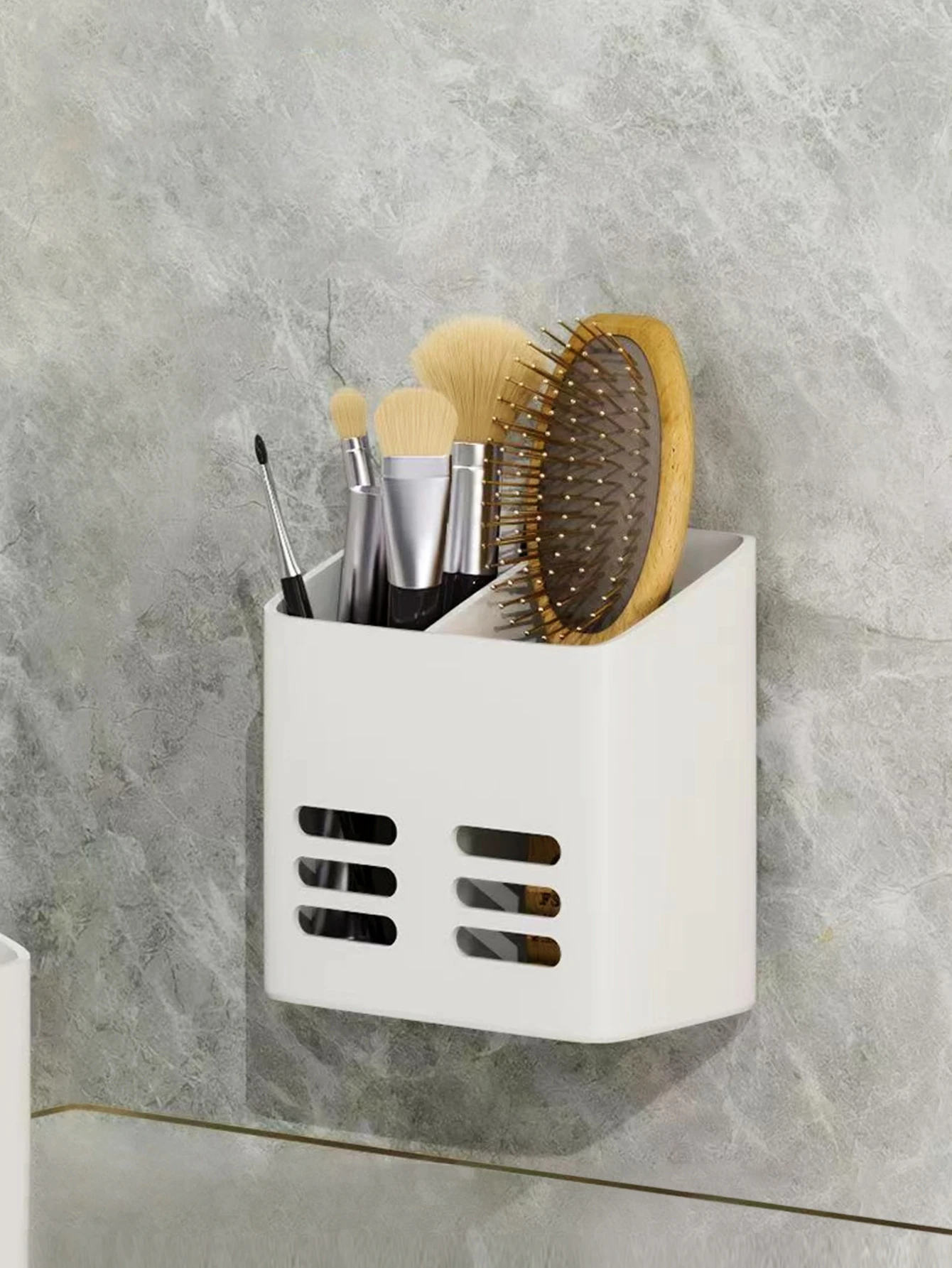 multi purpose storage rack for toothbrushes, combs, makeup brushes, paintbrushes, storage, bathroom, non perforated wall mounted 3