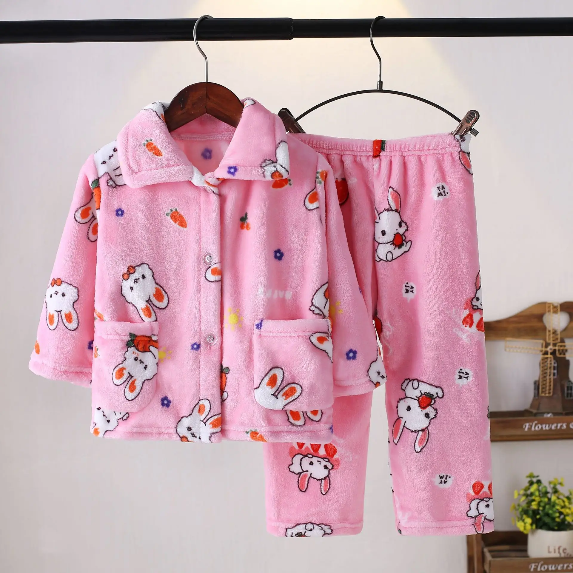 Flannel Pajamas Sets Boys Girls Cartoon Long Sleeve Lapel Tops with Pants PJM Sleepwear Clothing