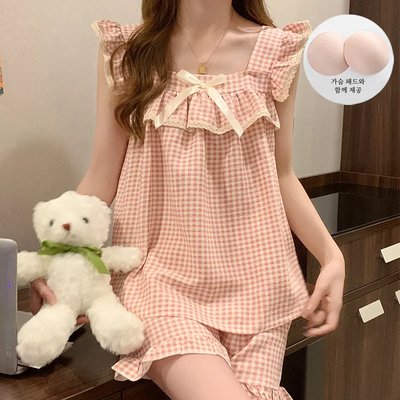 여성용 격자 무늬 파자마 세트, 버블 링클 원단, 고정 가슴 패드, 귀엽고 귀여운 홈웨어, 민소매 스퀘어 칼라, 여름