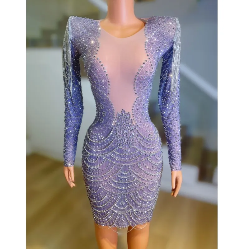 

Costume Prom Party Dance Show Stage DressNew Silver Rhinestones Chains Transparent Dress Birthday Celebrate Sexy