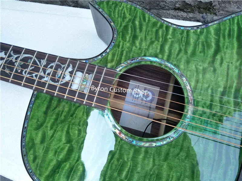 

free shipping handmade cutaway solid transparent green acoustic electric guitar Grand Auditorium body custom guitar