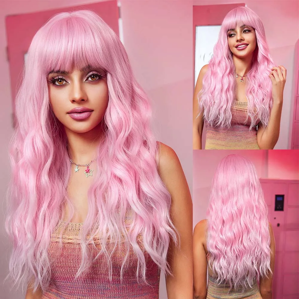 

Длинные розовые парики с эффектом омбре, волнистые синтетические волосы для женщин, ежедневный Стандартный красный парик с челкой, термостойкие волокна