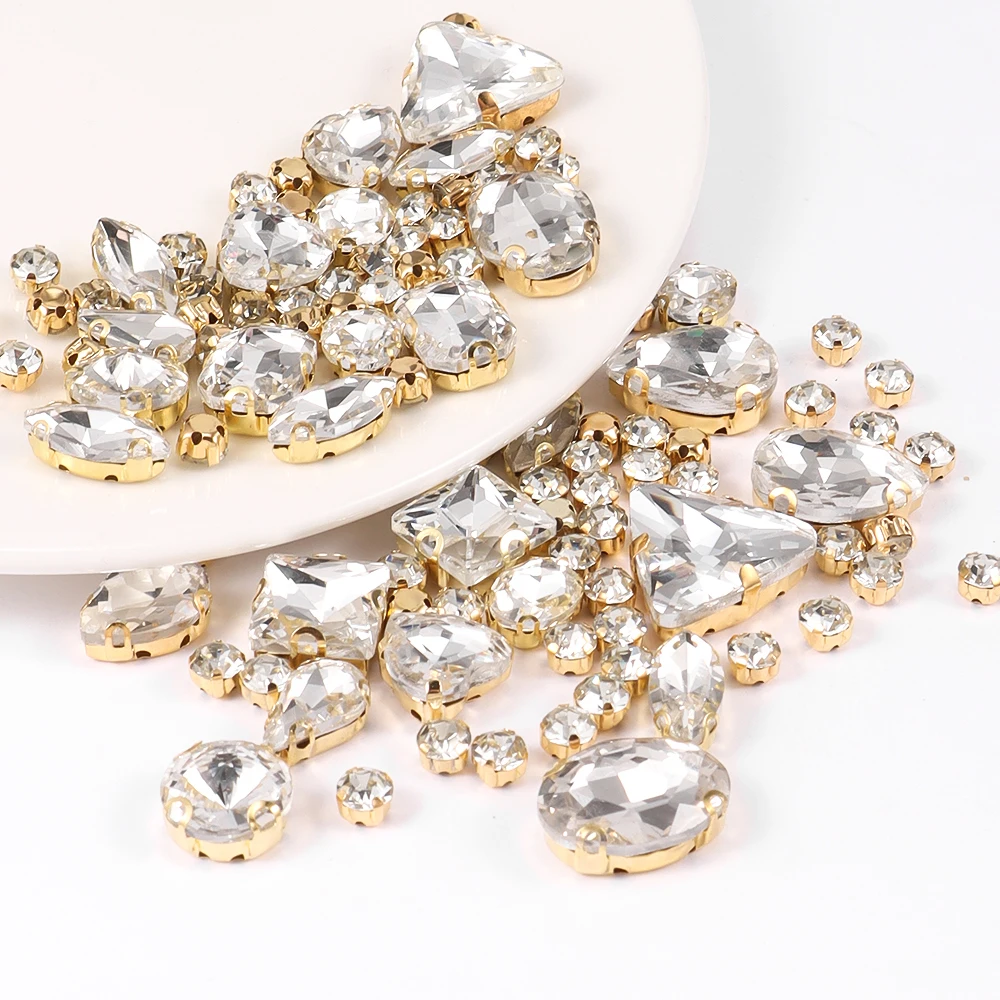 Description Picture 4 of item130pcs/lot Gold Claw Setting Glass Rhinestone Mixed Shape Sew On Crystal Stone Diamond for Wedding Dress Shoes Bags DIY Trim