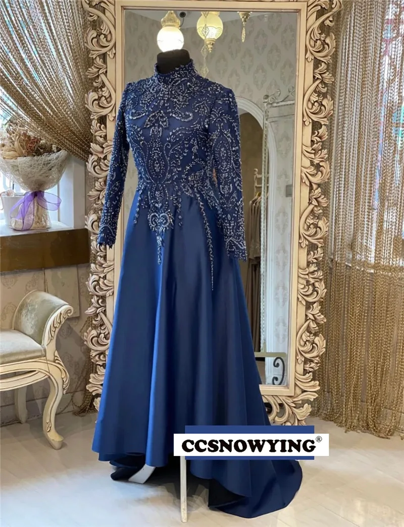 

Royal Blue Long Sleeve Muslim Evening Dress Satin Appliques Beaded Islamic Formal Party Gown Women Hijab Robe De Soiree