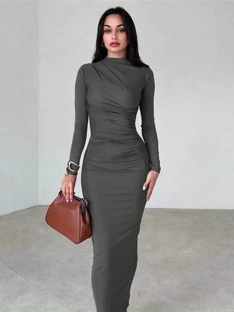 

2024 Spring Women's O-neck High Waist Folds Long Dress Streetwear Winter Office Lady Solid Tunics Bodycon Evening Party Dresses