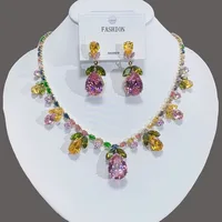 Luxury Waterdrop Pendant Jewelry Set Earring Pink Necklace For Women Bridal Wedding Exquisite Fashion Zircon Party Banquet Gift 2