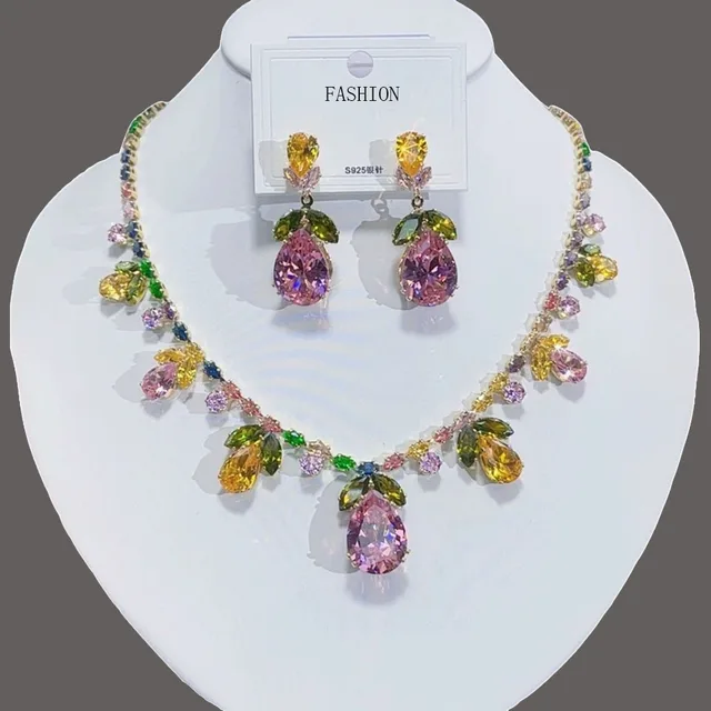 Luxury Waterdrop Pendant Jewelry Set Earring Pink Necklace For Women Bridal Wedding Exquisite Fashion Zircon Party Banquet Gift 2