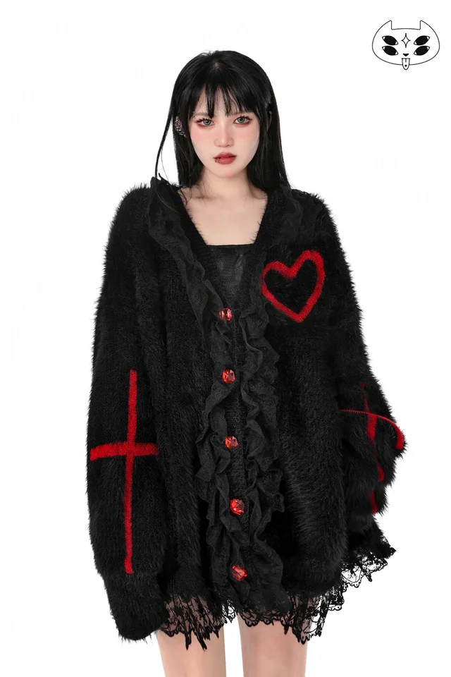 Gothic Black Y2K Cardigan Red Cross V-neck Love Buttons Sweater