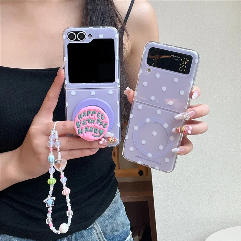 Korean Purple Polka Dot Magnetic Phone Case with Magsafe Stand and Chain