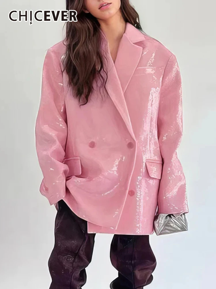 

CHICEVER Solid Temperament Blazers For Women Notched Collar Long Sleeve Double Breasted Patchwork Sequins Loose Blazer Female