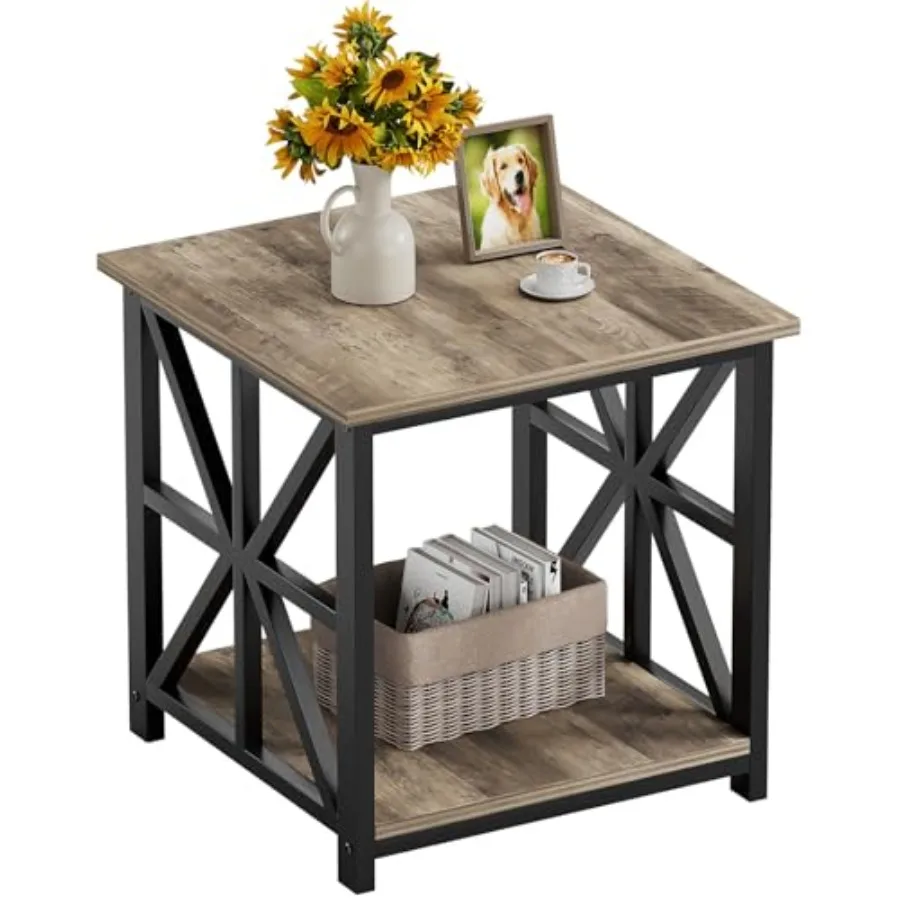 End Table with 2-Tier Storage Shelf 24 Inch Large Side Table for Living Room Modern Nightstand for Bedroom Bedside Office Farmh