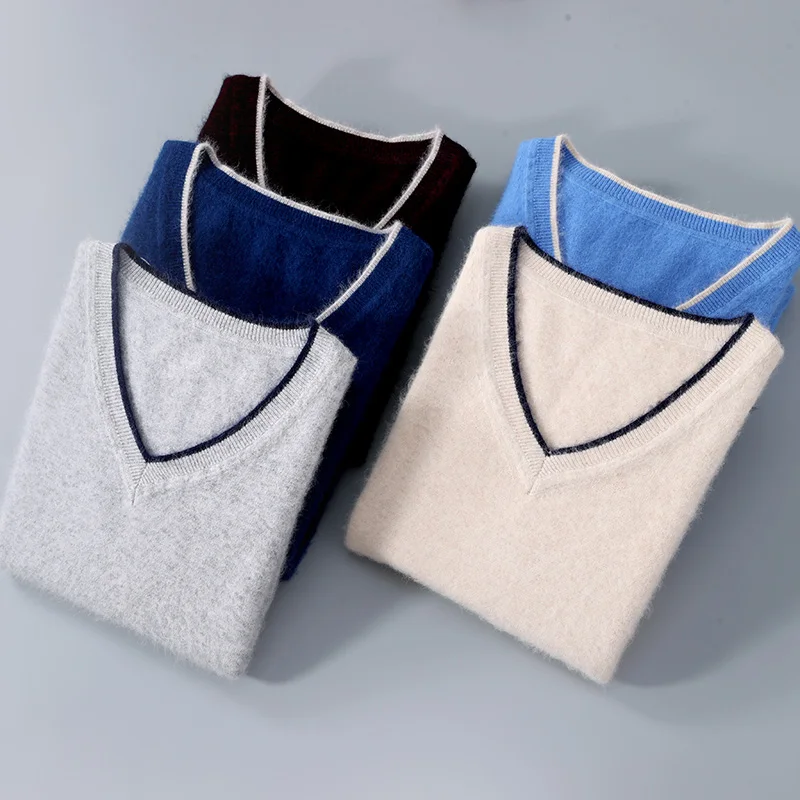 Autumn And Winter New High-End Men's Wool Knitted Bottoming Shirt V-Neck Color Matching Business Mink Cashmere Sweater