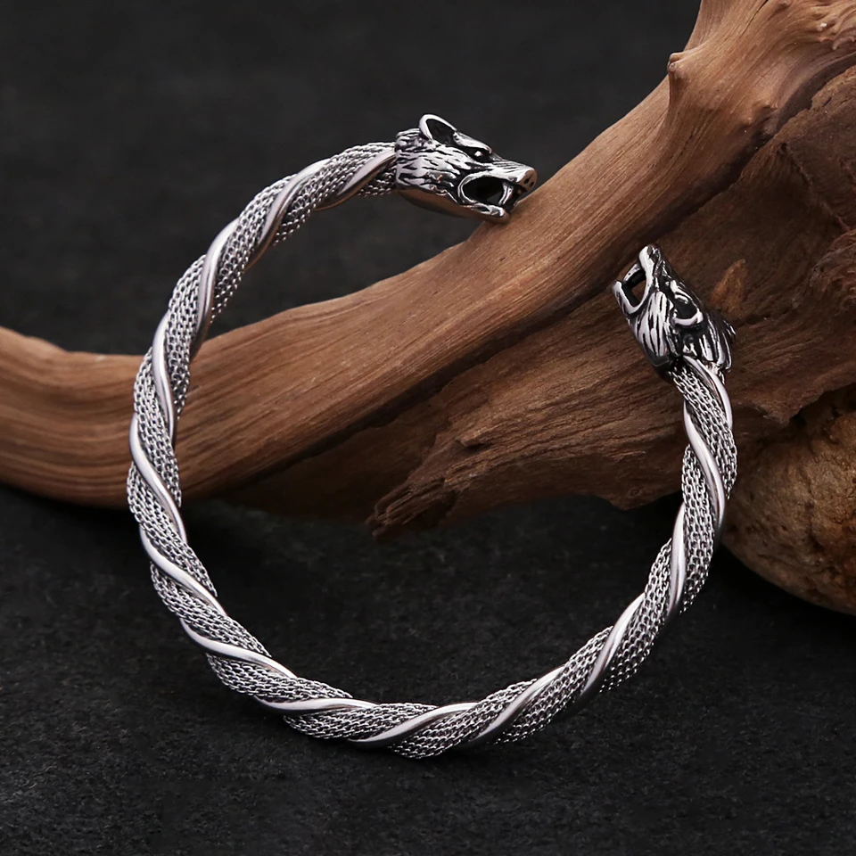 Wolf Head Stainless Steel Cuff Bracelet - Handmade Viking Biker Bracelet, Fenrir & Odin Inspired, Adjustable Size 10 thumbnail image