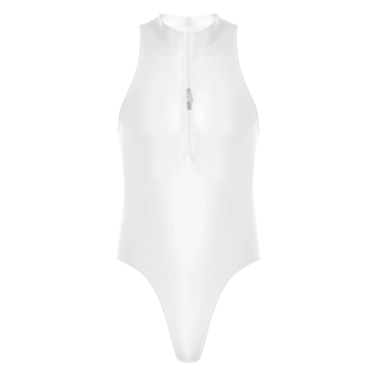 Mens Sexy Glossy Shiny Bodysuit Double Zipper Front Leotard One-piece Swimsuit Swimwear Yoga Sports Fitness Costume Nightwear