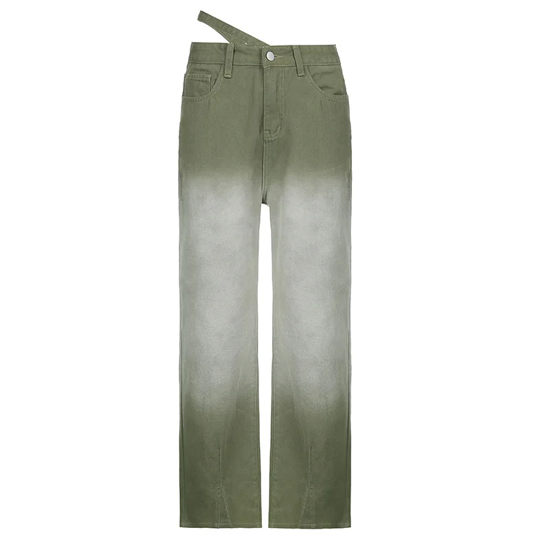 Women 2024 European and American Fashion Personality Asymmetrical Belt Tie-dye Gradient Color Straight Casual Denim Trousers
