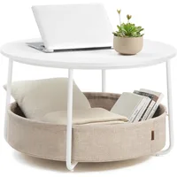 Coffee Table with Storage, Round Center Table for Living Room with Fabric Basket, Modern Style, Metal Frame, Matte White 1