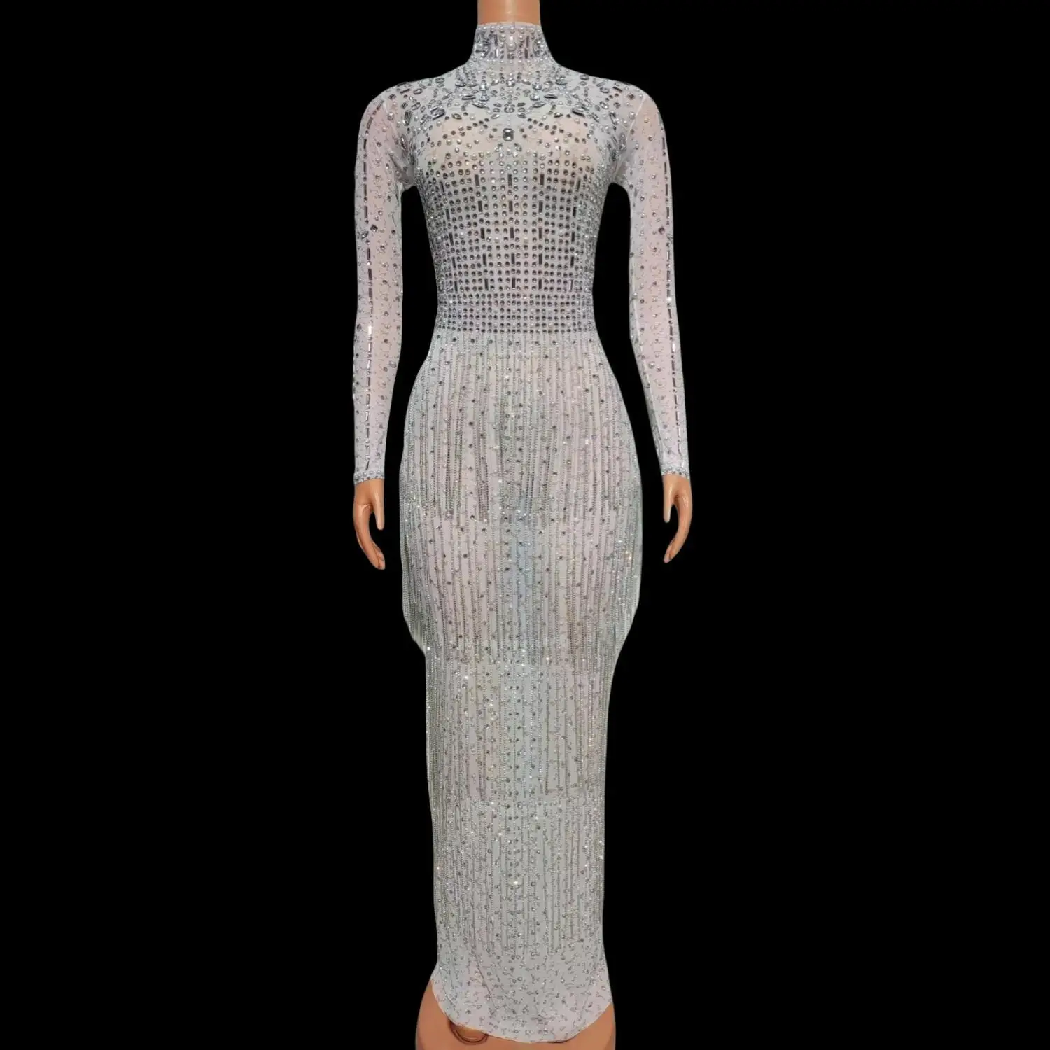 Sparkly Sequins Rhinestones Tassel Long Dress Elegant Women Prom Evening Dress Birthday Dress Sexy Transparent Photo Shoot Dress