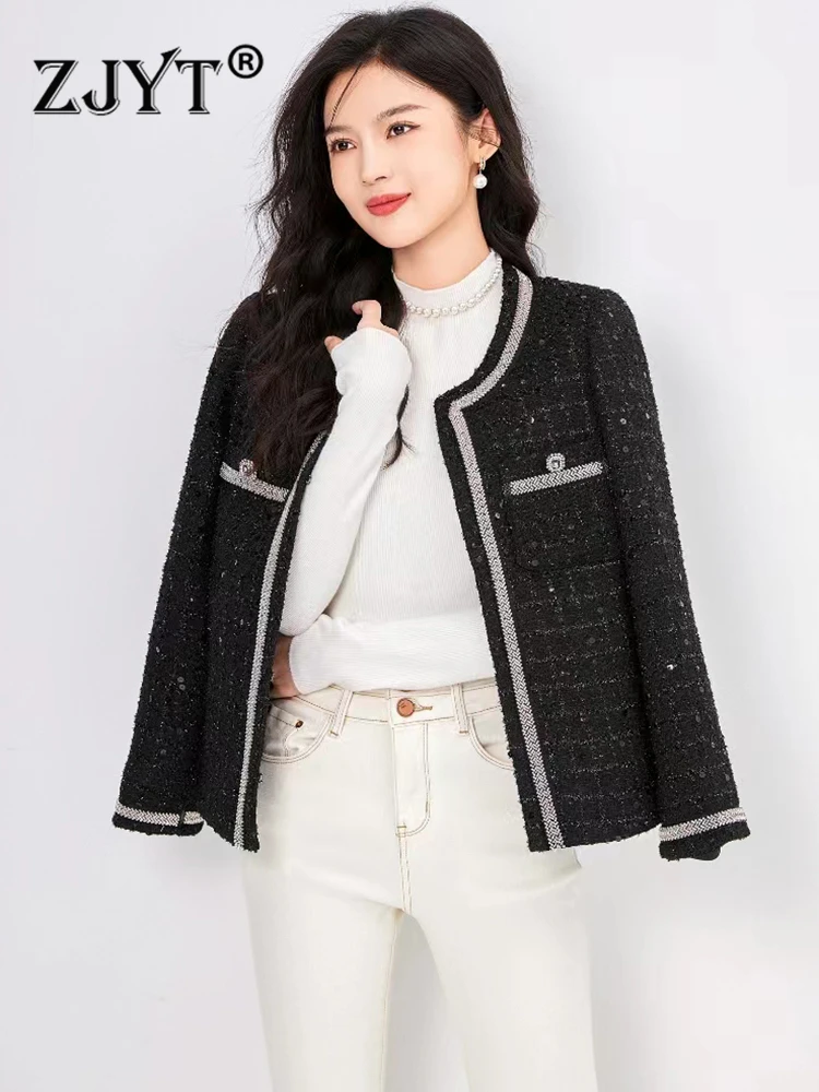 

ZJYT Luxury Beading Tweed Woolen Jacket for Women 2023 Fashion Autumn Winter Coats Black Casual Party Outerwear Veste Femme