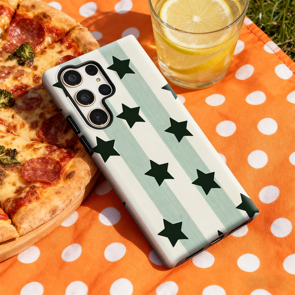 Mint Striped Starry Pattern Glossy Double-Layer Phone Case