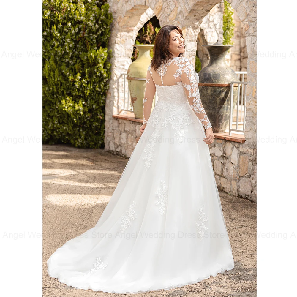 ANGEL Exquisite Plus Size Wedding Dresses 2024 A-Line O-Neck Lace Appliqued Illusion Bridal Gowns Long Sleeves Vestido de Novia 2