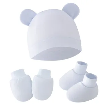 1 Set Nuovo Anti Graffi Guanti Del Bambino Morbido Cotone di Colore Solido No Scratch Guanti Calzini Caldo Carino Orecchie Cappello Copertura Del Piede Set Neonato