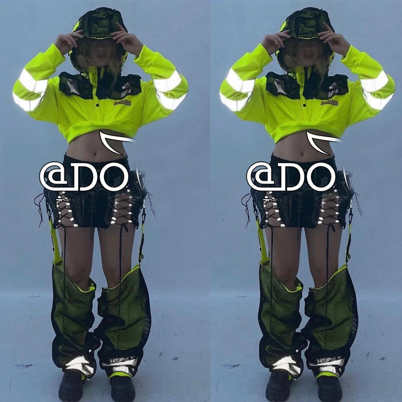 

Women Jazz Dance CLothing Kpop Outfit Fluorescent Green Hoodie Hollowed Out Pants Bar Nightclub Dj Ds Stage Rave Outfit XS7407