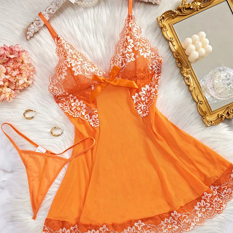 Women's Pajamas Lace Ultra Short Skirt Thong Set Hot Transparent Tulle Nightgown Lady Sets Night Dress Sexy Sleepwear Luxury Kit