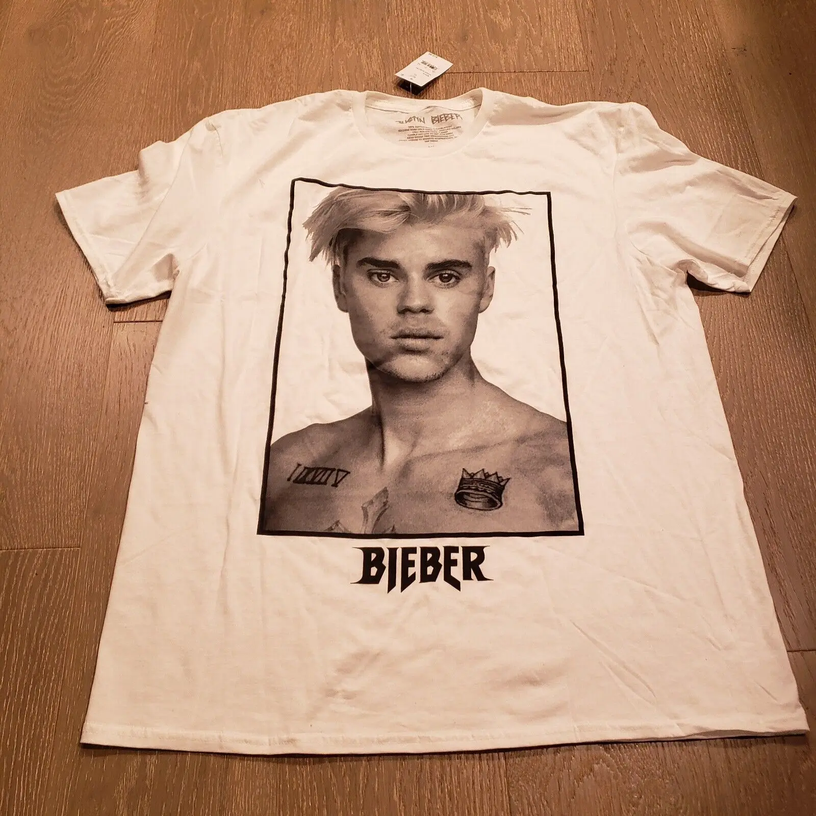 T-Shirt Con Ritratto Da Uomo Justin Bieber Extra Large White Graphic Crew Xl B2