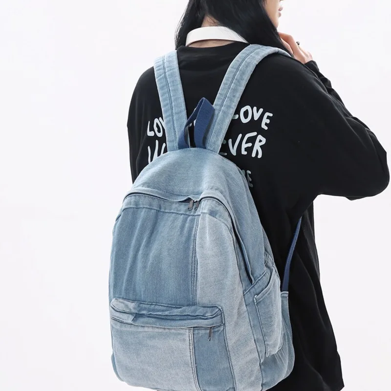 Women's Shoulder Bag 2024 New Art Contrast Color Splicing Fashion Denim Canvas Simple Casual Backpack