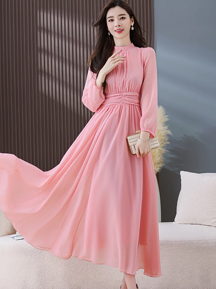 Women Boho Pink Chiffon Long Sleeve Maxi Dress Spring Summer