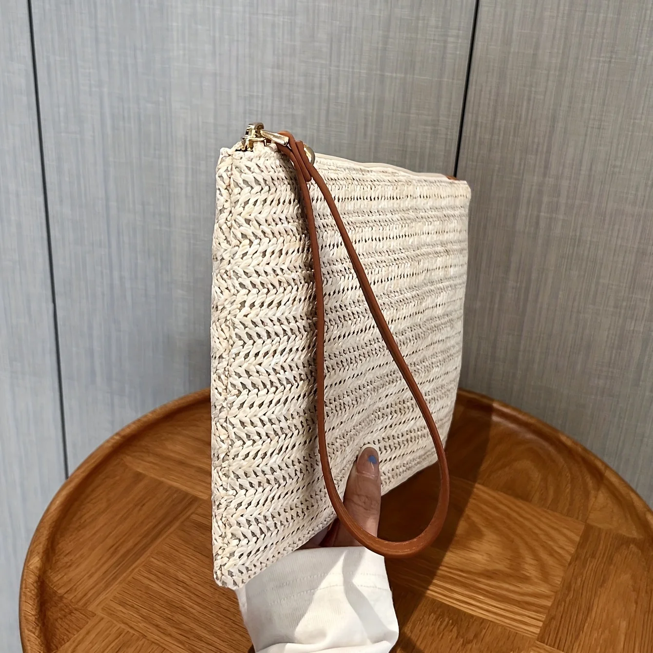 Straw Woven Clutch Bag, Trendy Braided Waist Purse, Women's Zipper Handbags for Phone Coin Key, Lady's Ultra Thin Straw Bag