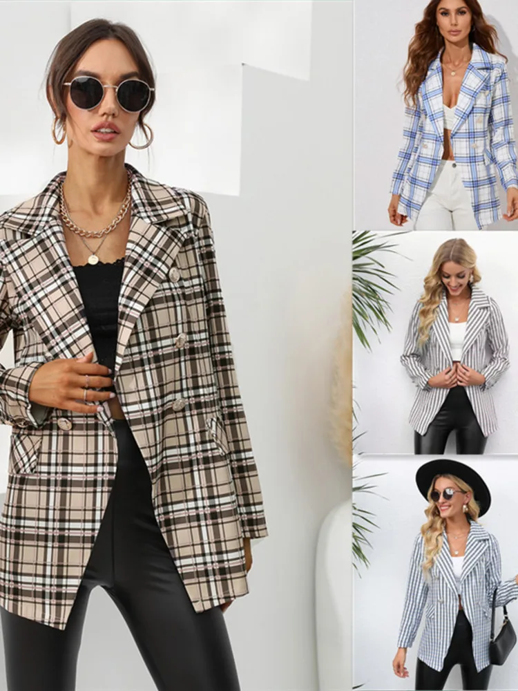 

Blazer Women's Elegant Professional Fashion Long Sleeve Striped Plaid Print Vintage Simple Single-breasted Blazer Outerwear