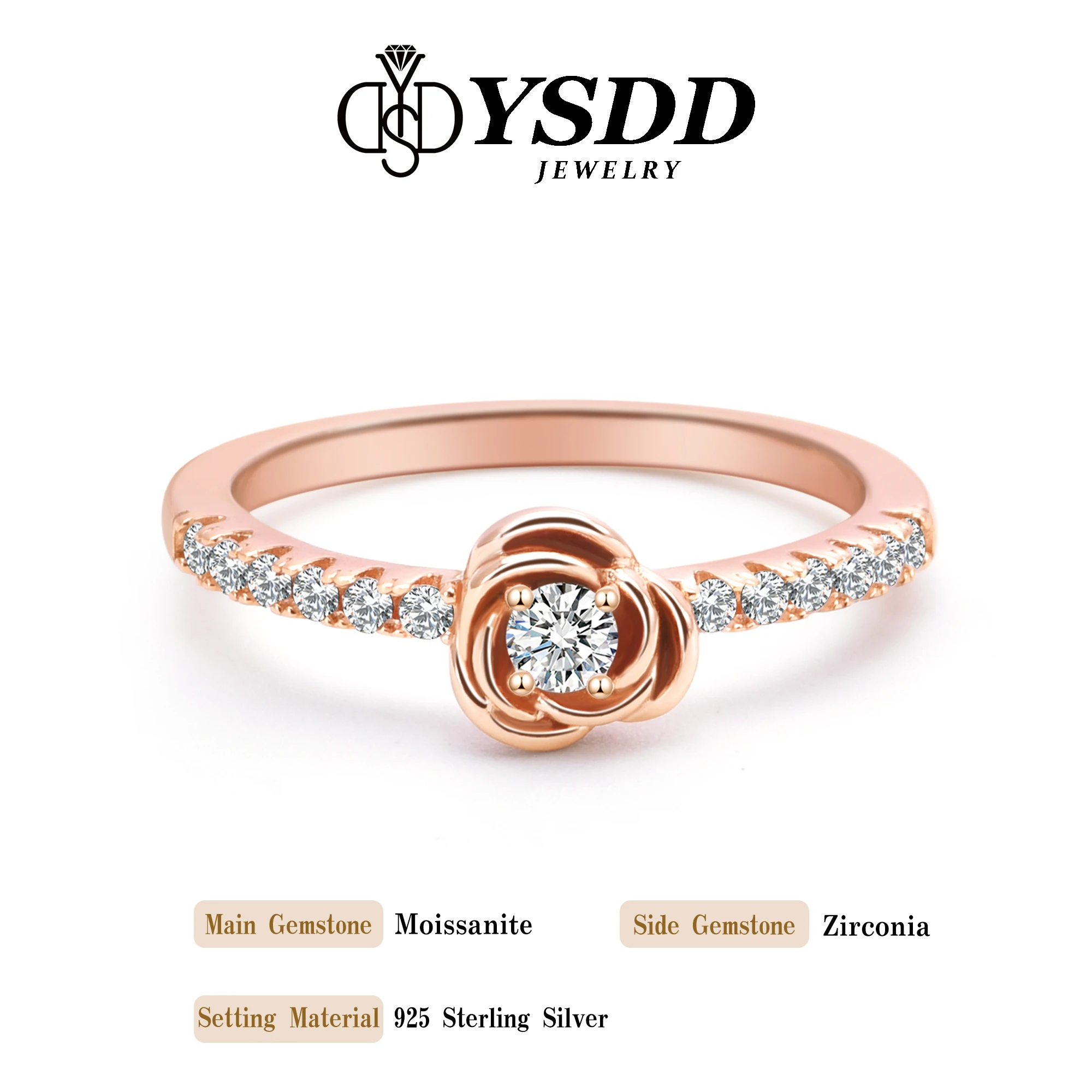 

#232 YSDD Light Luxury 0.1 carat Mosan Stone Ring for women 925 Sterling Silver Ring petal design Rose Gold ring for women