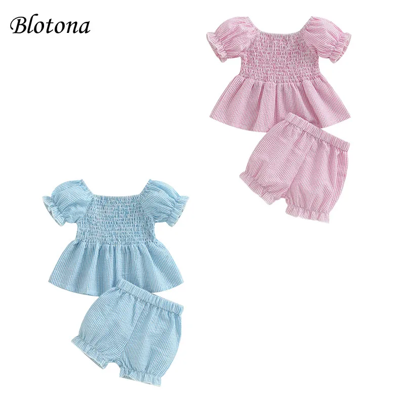 

Blotona Baby Girl Summer Casual Outfit Striped Short Puff Sleeve Ruched Dress Tops Elastic Waist Shorts 2Pcs Set 6Months-3Years