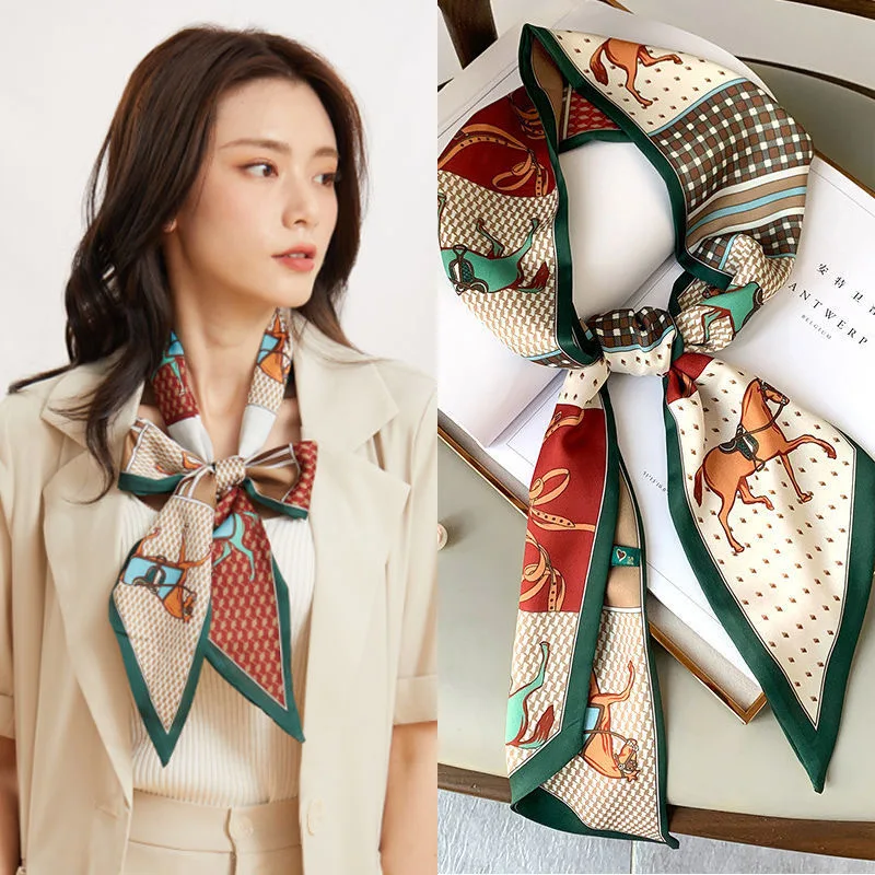 Luxury Long Silk Scarf Female Animal Horse Print Thin Narrow Scarf Bag Hair Band Ribbon Scarfs Women Neckerchief 6