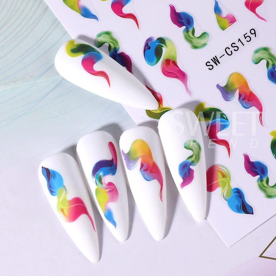 2pcs Ink Blooming 3D Nail Stickers Gradient Abstract Geometric Wave Line Smoke Stripe Y2K Nail Art Sliders Decal Manicure Decor