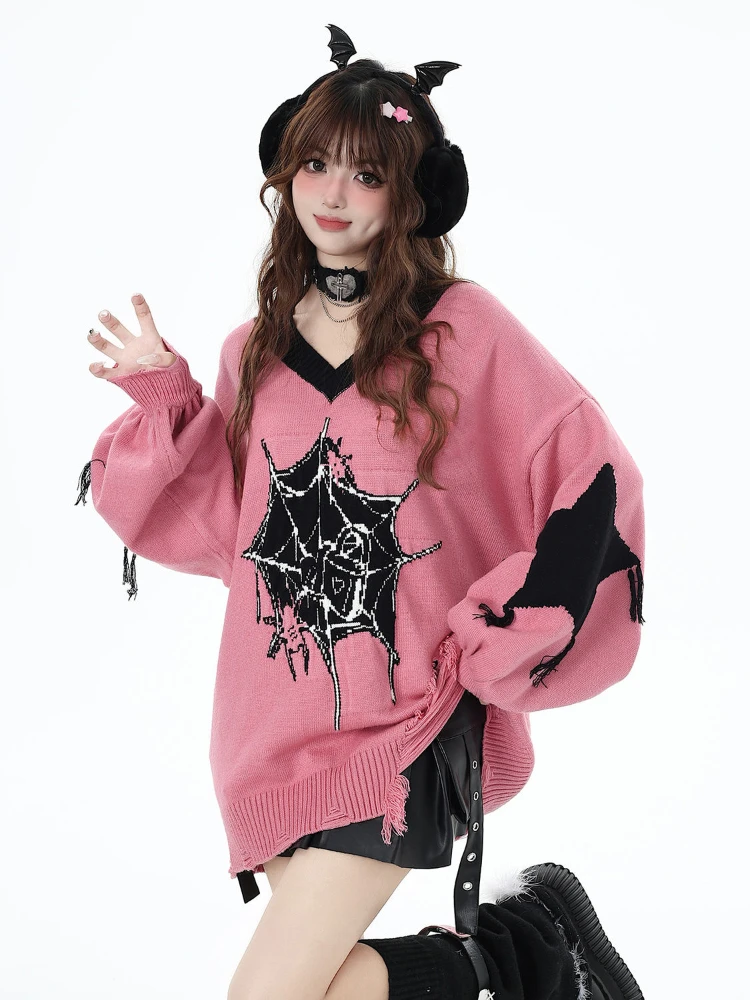 

Deeptown Y2K Harajuku Star Oversized Sweater Women Grunge Kpop Hollow Out Knitted Jumper Vintage V-neck Casual Tops E-girl 2000s