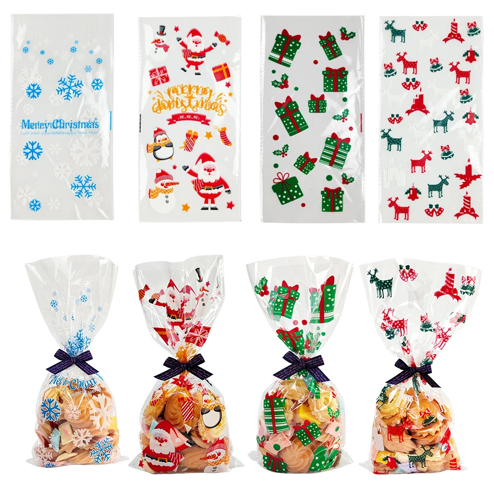 50Pcs Christmas Gift Bag Transparent Plastic Bags Presents Candies Cookies Xmas Home Store Sale Gift Cookies Wrapping Bags