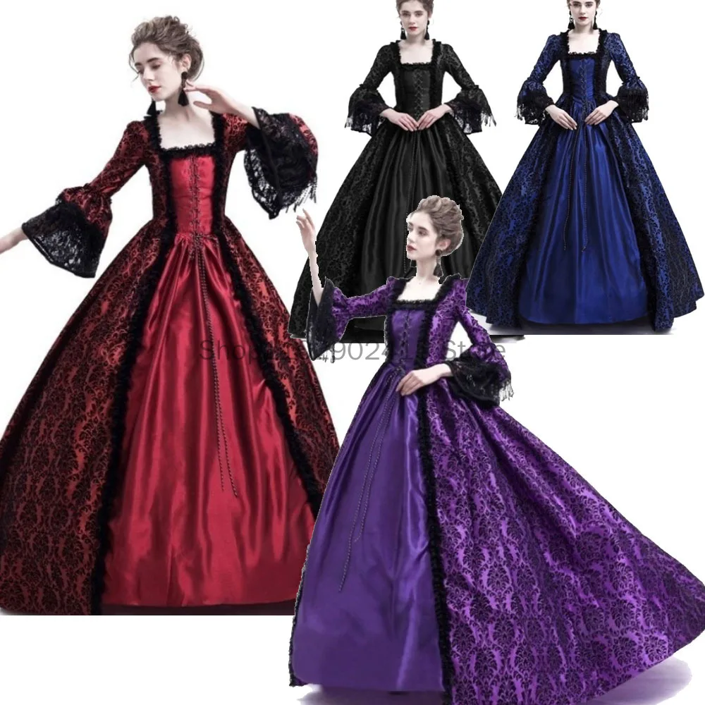 

S-5XL Women Retro Square Collar Victorian Nobleman Dress Vintage Lace Bandage Corset Dress Gothic Queen Palace Medieval Costume