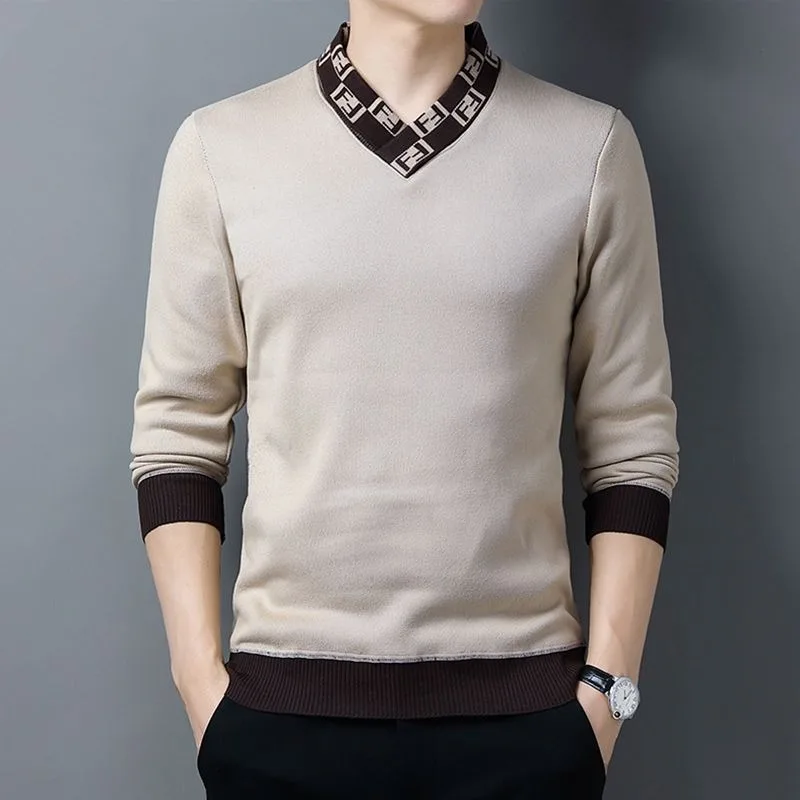 Autumn Winter New Shirt for Men Sweater Long Sleeve Plush V-Neck Fashion Casual Button Splice Pullover Knitted Patchwork Tops