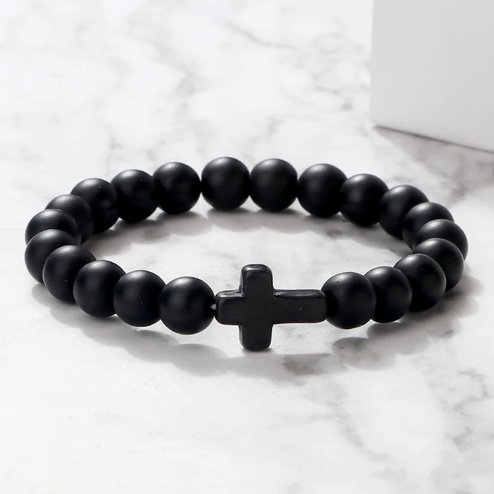 Natural Stone Bracelet Charm Natural Stone Bracelet Cross Black Lava Matte Beaded Handmade Men Women Prayer Fitness Chain Couple Jewelry Gift