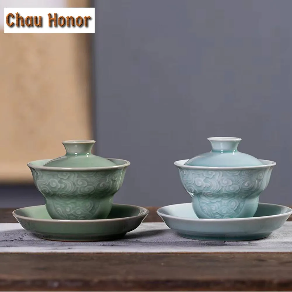 160ml Luxury Plum Green Ceramic Gaiwan Handmade Longquan Celadon Gourd Sopera Tea Tureen Tea Maker Cover Bowl Teaware Collection