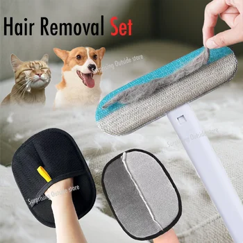 Pet Hair Removal Set Tool Reusable Static Removal Gloves Double-Sided Grooming Gloves Remove Dog Cat Fur Hair for Carpets Sofa 1