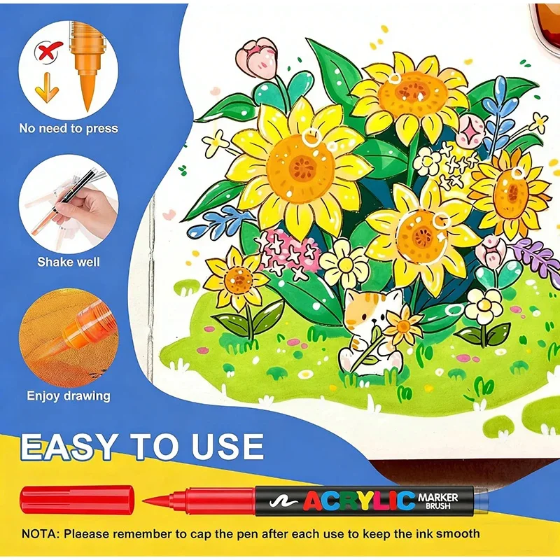 다채로운 소프트 브러쉬 아크릴 마커 방수 페인트 펜, 돌, 나무, 부활절 달걀 DIY 공예용, 무독성, 속건성 페인팅 도구