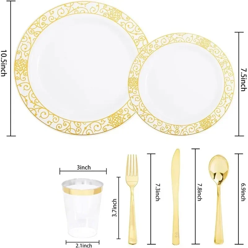 150 Pieces Disposable Plates Plastic Dinnerware Set for 25 Guests: Dinner Plates, Dessert Plates, Forks, Spoons, Knives, Cups