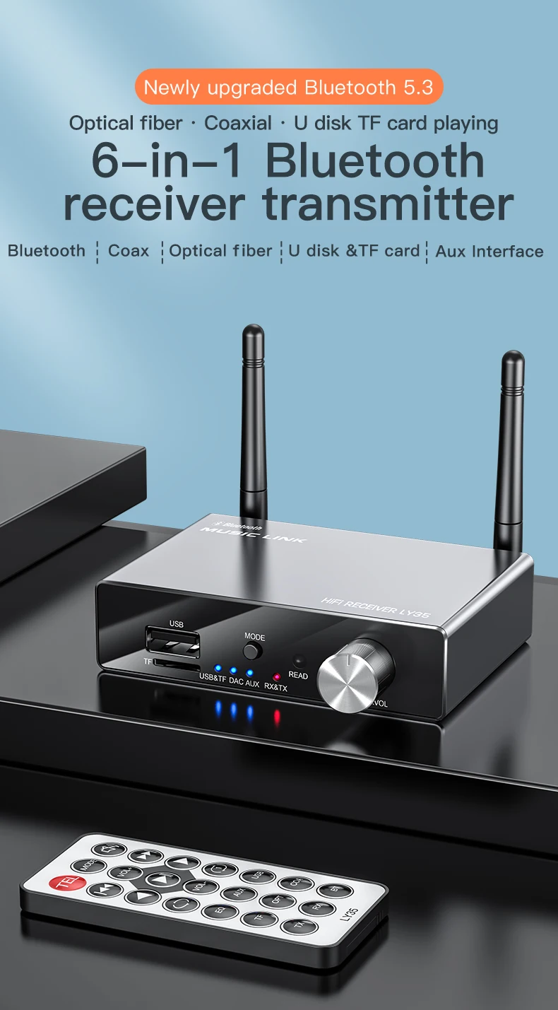 Receptor, Óptico Coaxial AUX, RCA, USB, TF,