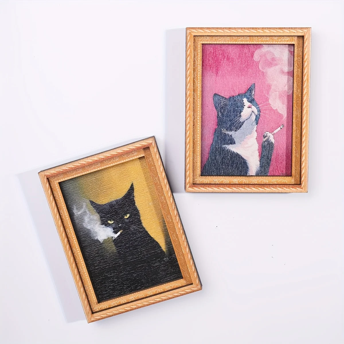 Black Cat Series Oil Painting Style Screaming Kitten Magnetic Photo Frame Wooden Vintage Magnetic Fridge Magnet