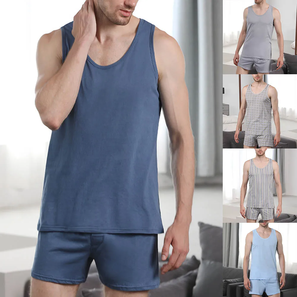 Mens Pajamas Set Summer Thin Cotton Male Sleeveless Vest Shorts Sleepwear Loungewear Nightwear Homesuit Casual Homewears new mens boys casual denim vest sleeveless waistcoat summer jeans pants trousers slim fit 2pcs set thin e1