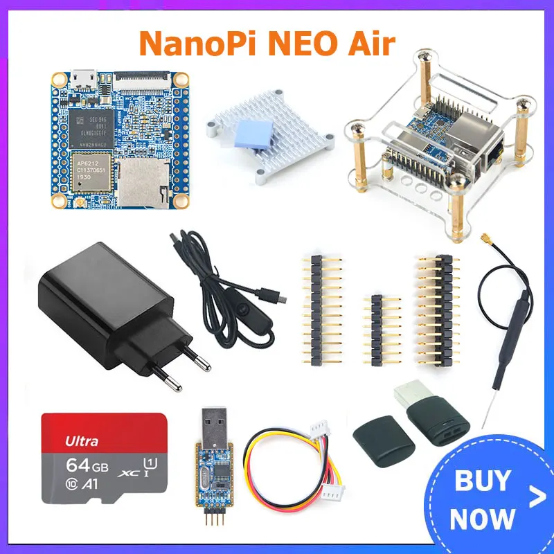 

NanoPi NEO Air 512 МБ ОЗУ, поддержка Wi-Fi и Bluetooth, 8 Гб eMMC Allwinner H3, четырехъядерный