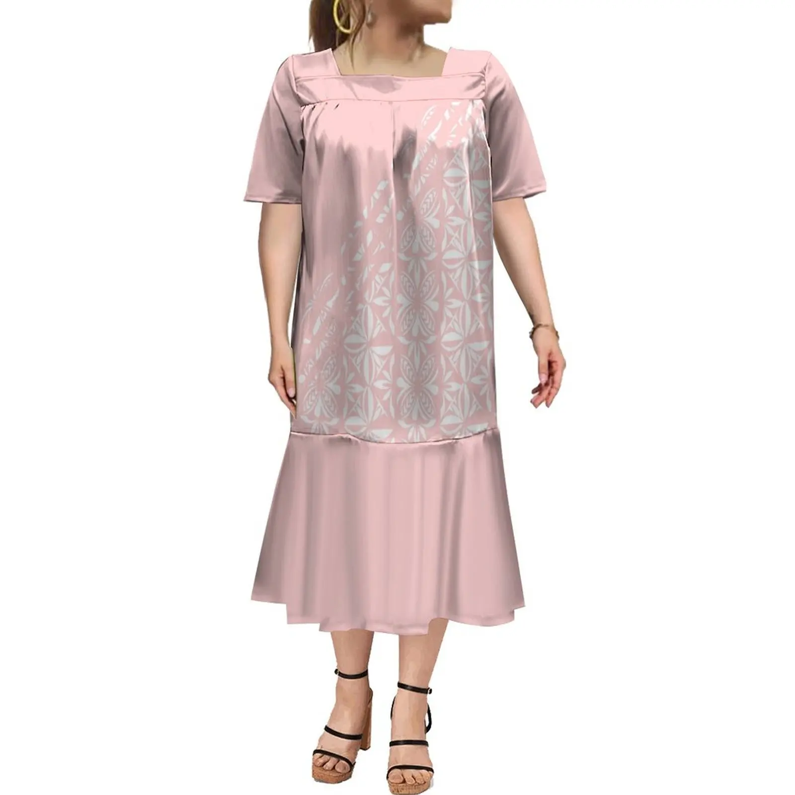 

Unique Polynesian Women Dress MUMU Samoa Apparel Printed Pattern Square Neck Women Dress Hawaiian Women